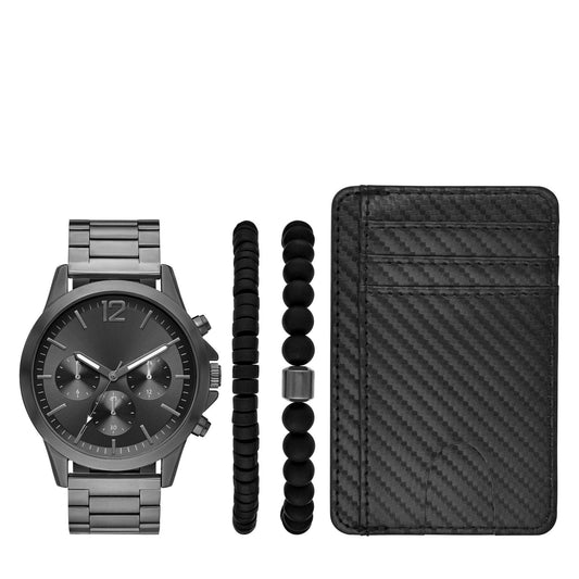 Men's Watch Gift Set Gunmetal Tone Bracelet Watch, Sunray Dial Card Case 2 Beaded Bracelets