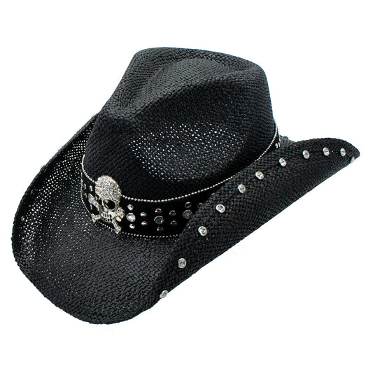 Crystal Straw 3.5 Inch Brim Skull Studded Cowboy Drifter Hat