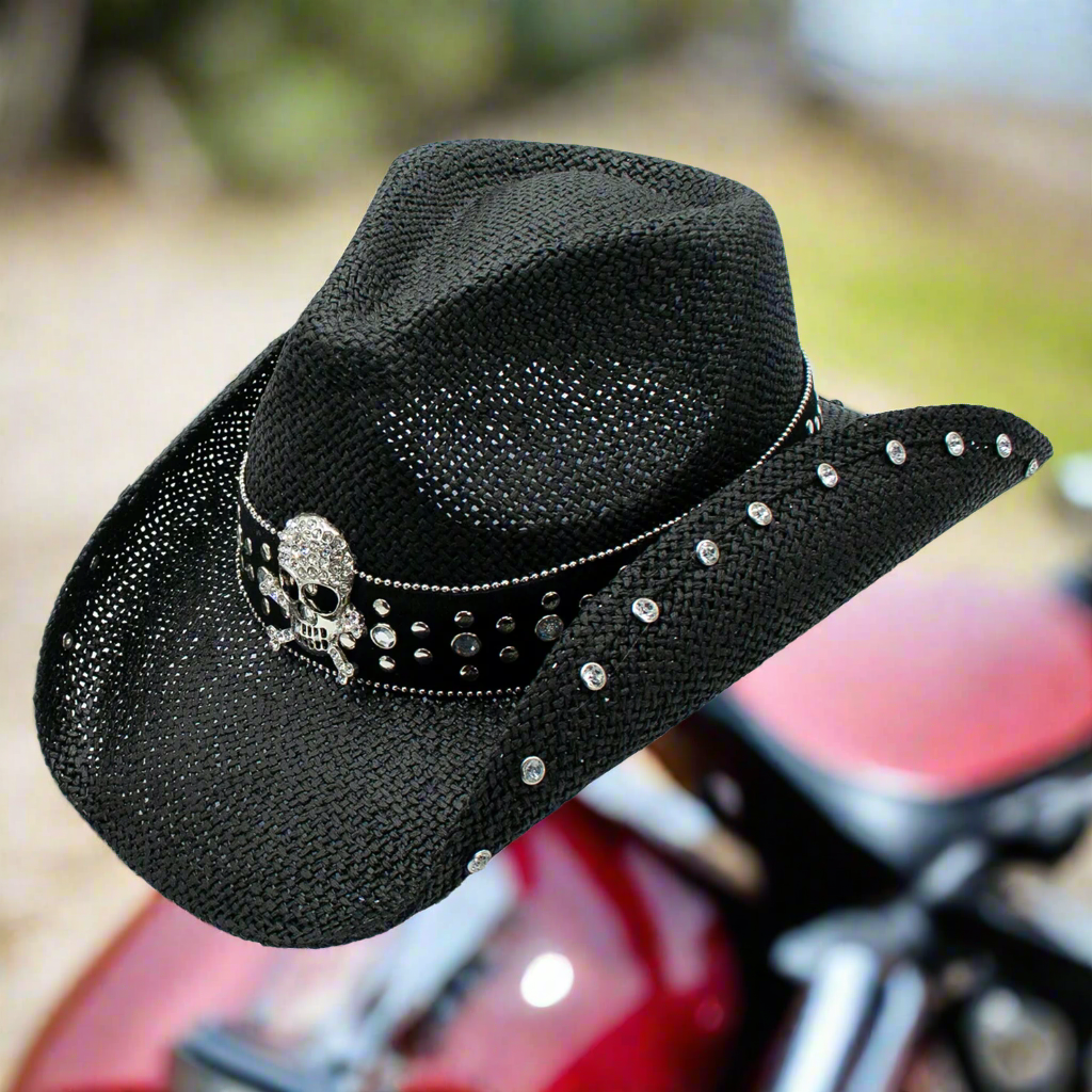 Crystal Straw 3.5 Inch Brim Skull Studded Cowboy Drifter Hat