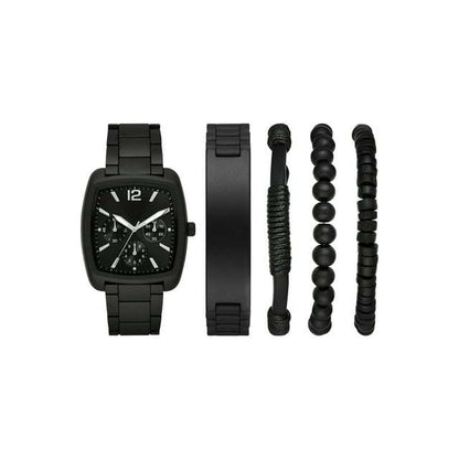 Men's Gift Set; Matte Black Barrel Case Bracelet Watch, Gunmetal Sunray Dial with Layered Bracelets