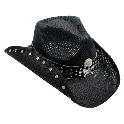 Crystal Straw 3.5 Inch Brim Skull Studded Cowboy Drifter Hat