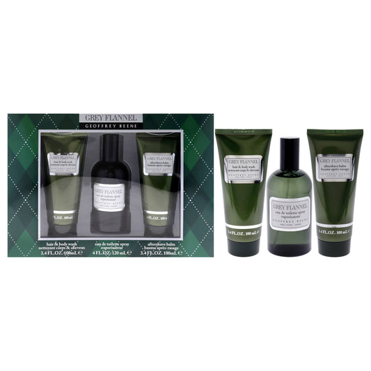 Grey Flannel by Geoffrey Beene for Men - 3 Pc Gift Set 4oz EDT Spray, 3.4oz After Shave Lotion, 3.4oz Hair and Body Wash