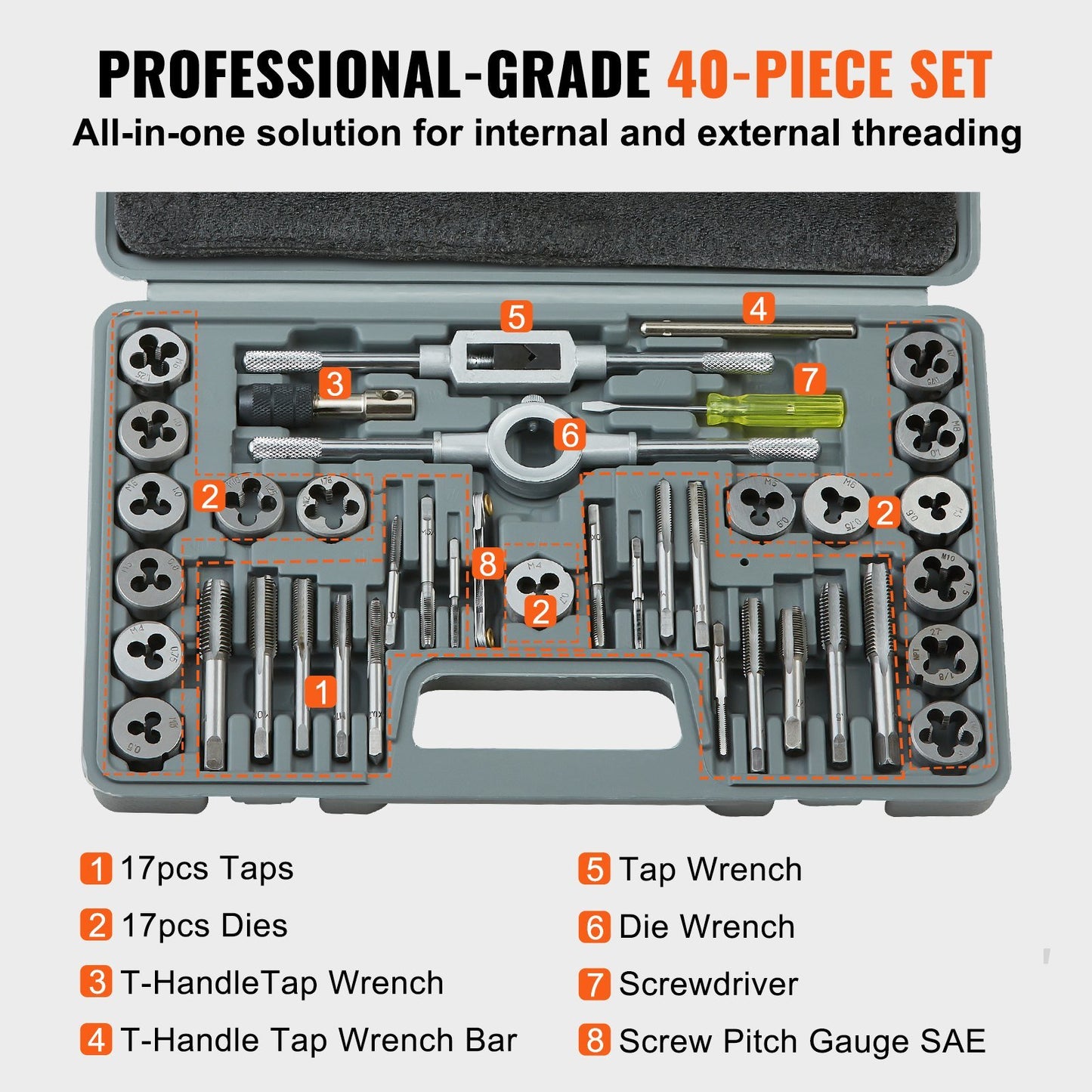 40 pc Tap and Die Set, Includes SAE Size NC/NF/NPT