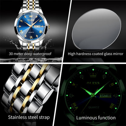 Men's Watch Quartz Waterproof Luminous Stainless Steel Wristwatch