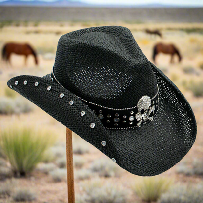 Crystal Straw 3.5 Inch Brim Skull Studded Cowboy Drifter Hat