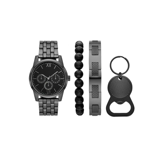 Men's Gunmetal Tone Round Analog Bracelet Watch with Layered Bracelets and Bottle Opener Keyring Gift Set