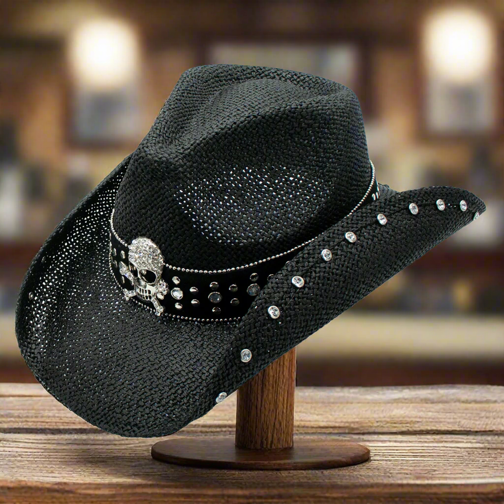 Crystal Straw 3.5 Inch Brim Skull Studded Cowboy Drifter Hat