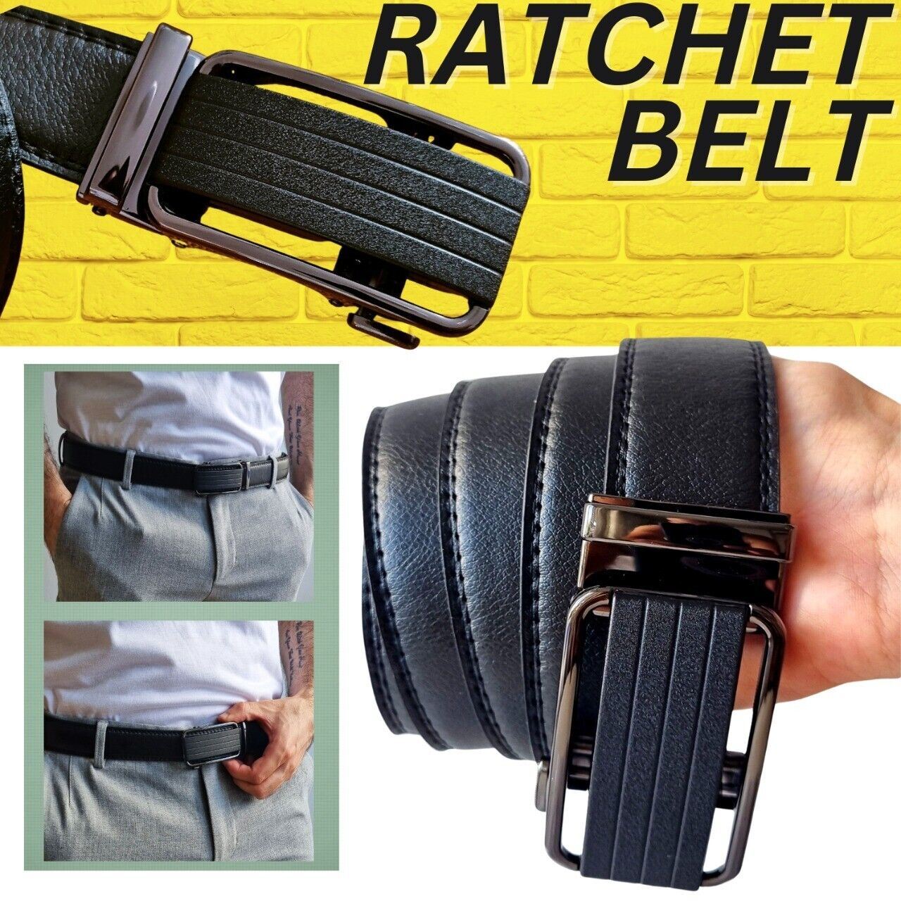 Men's Leather Belt With Slide Buckle Ratchet