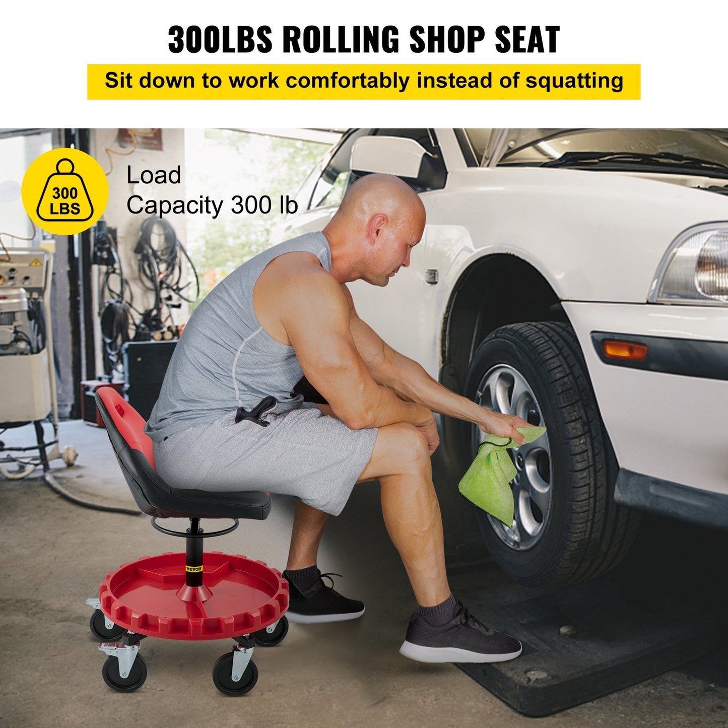 Rolling Garage Stool, 300LBS Capacity