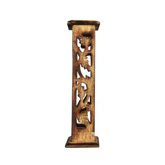 12" Carved Wood Square Tower Incense Burner